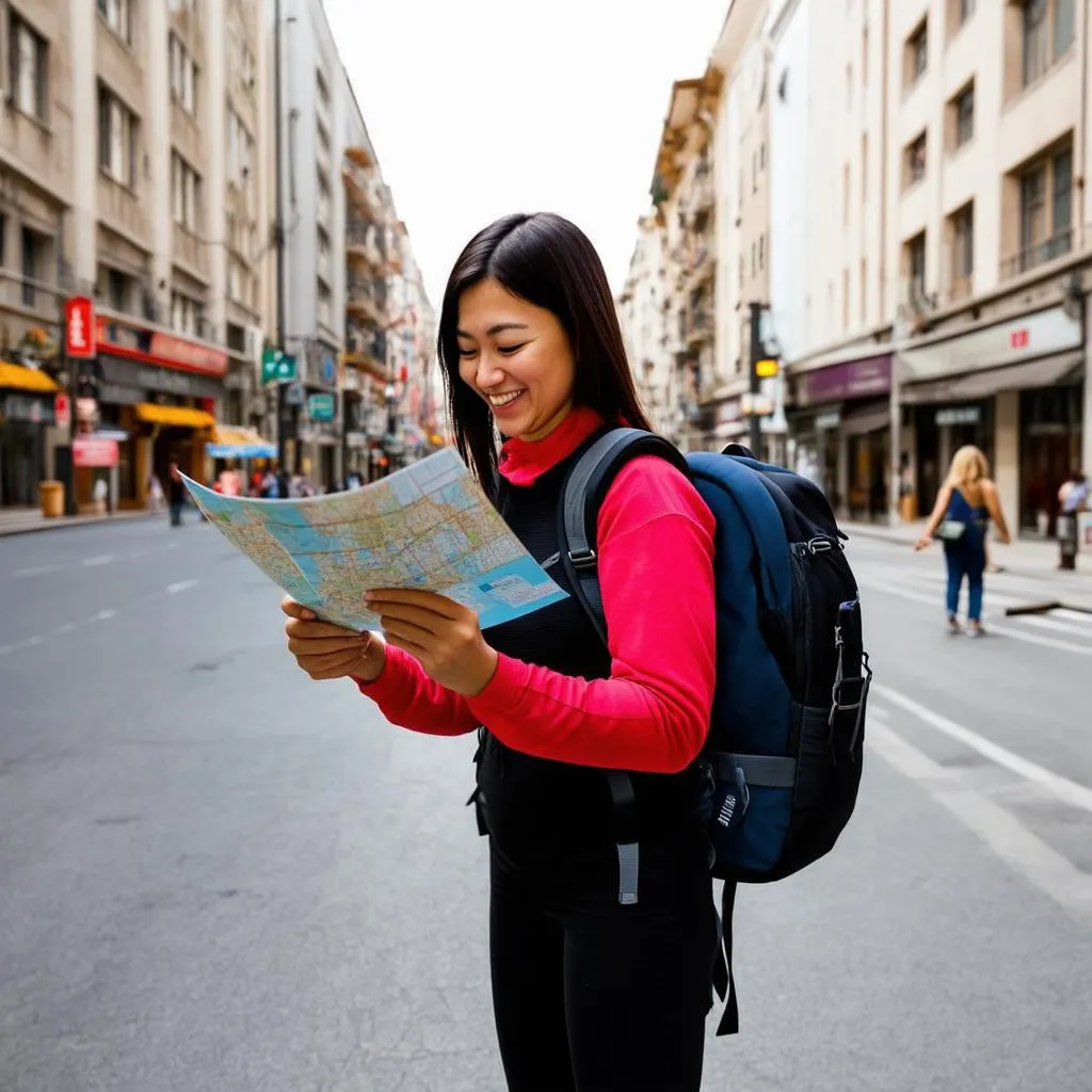 Woman Checking Map in City