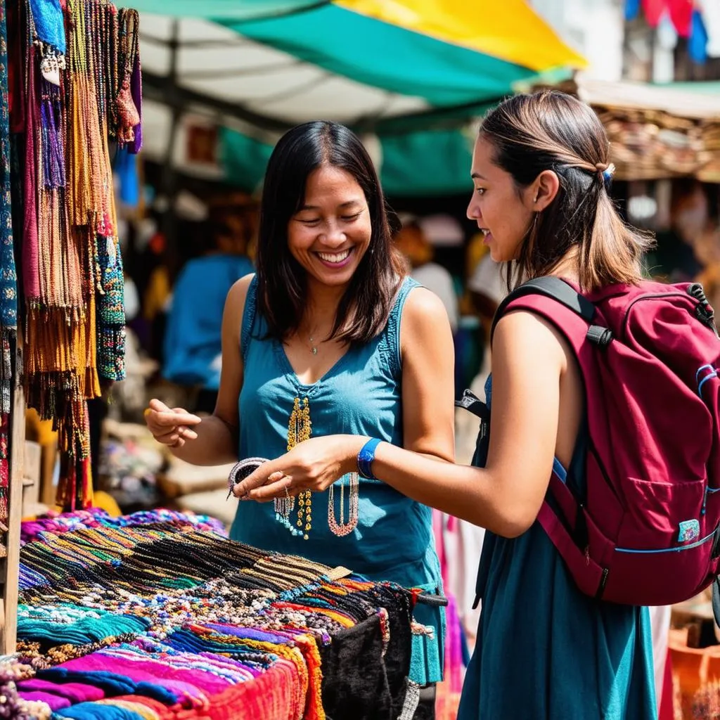 A woman choosing local crafts at a market, supporting ethical tourism.