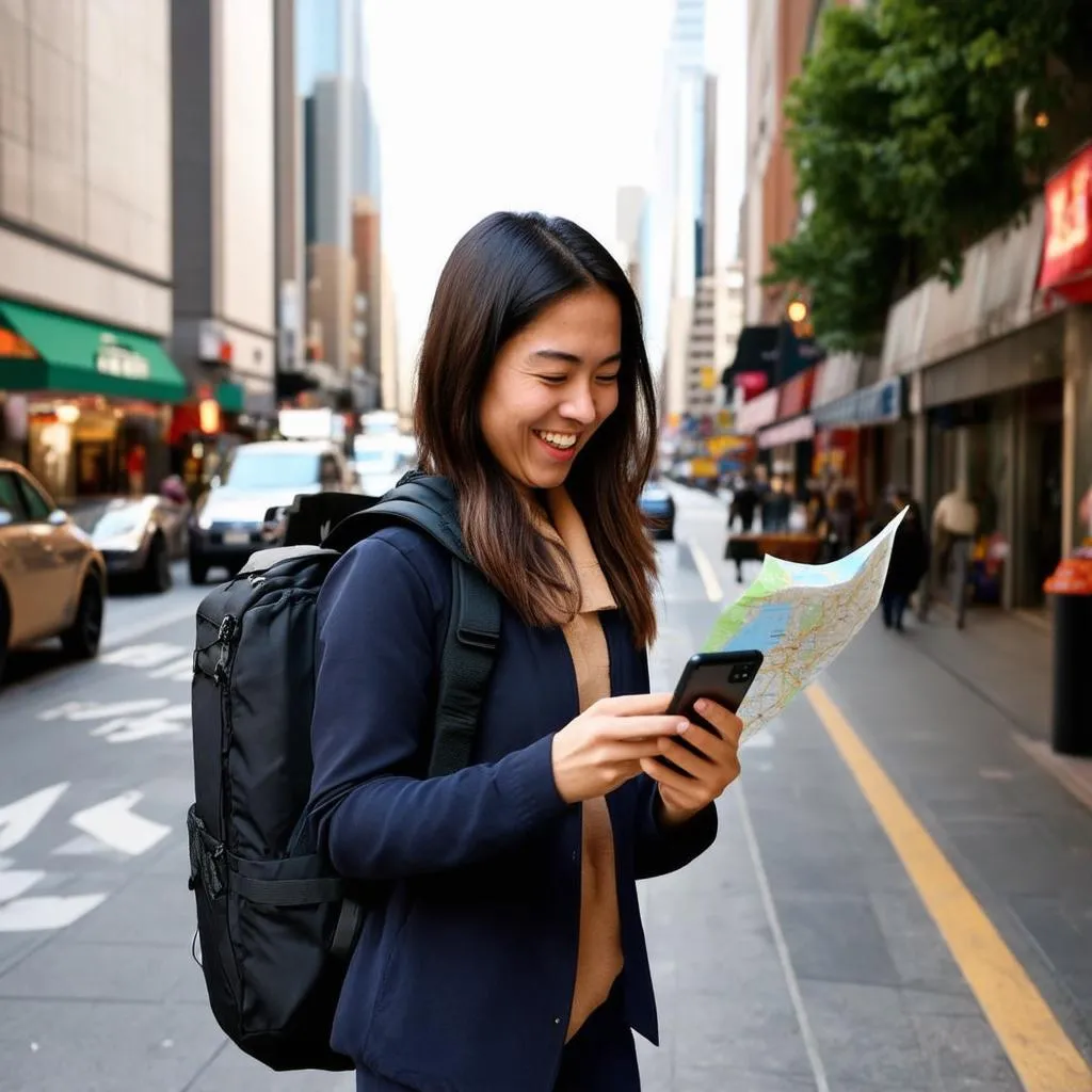 Woman Consulting Map on Phone