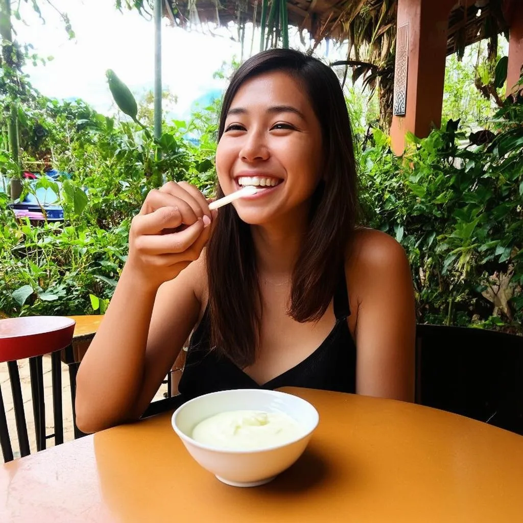 Woman Eating Yogurt in a Cafe