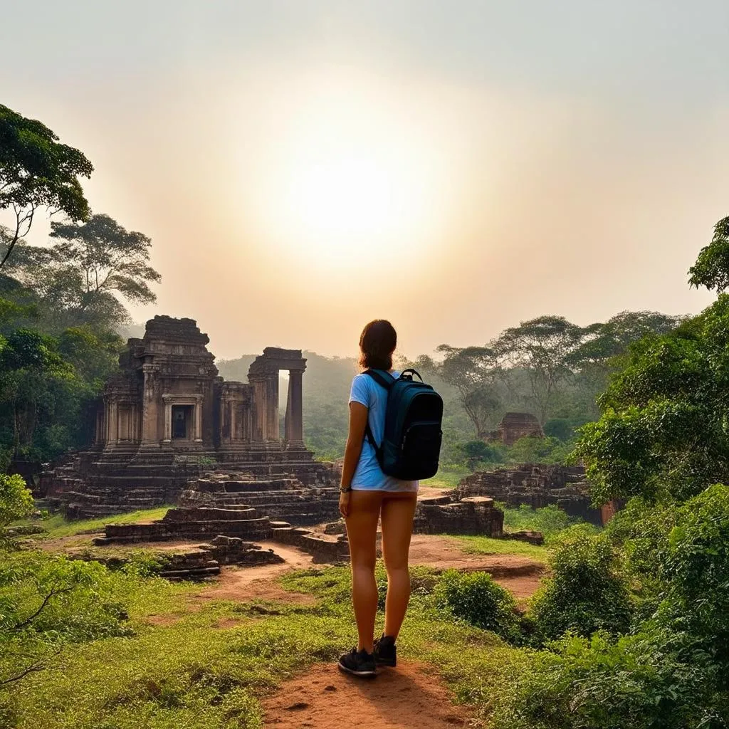 Solo female traveler exploring ancient ruins