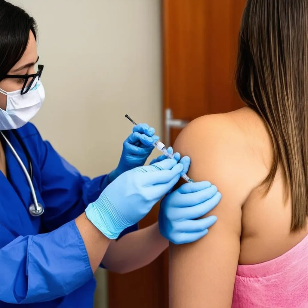 Woman receiving a travel vaccine.