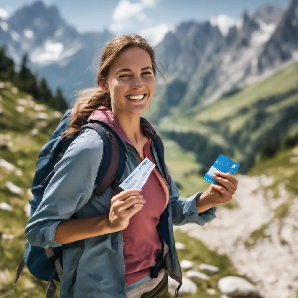 Woman Hiking in Mountains with Insurance Card