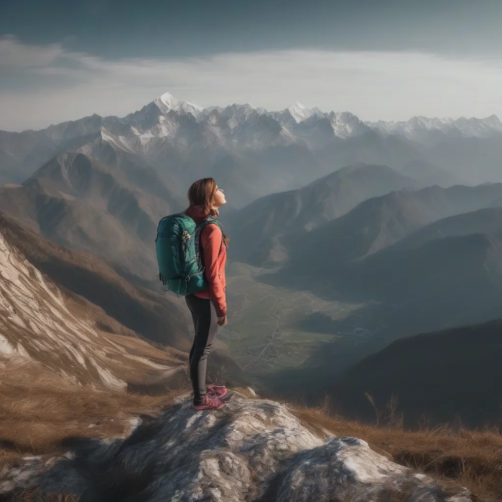 A woman hiking with a backpack in the mountains