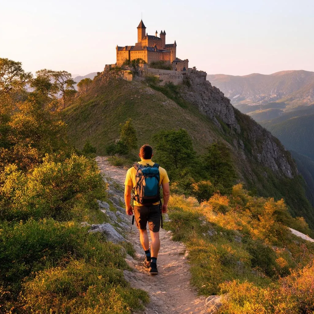 A woman hikes a mountain trail with a view of a medieval castle in the distance