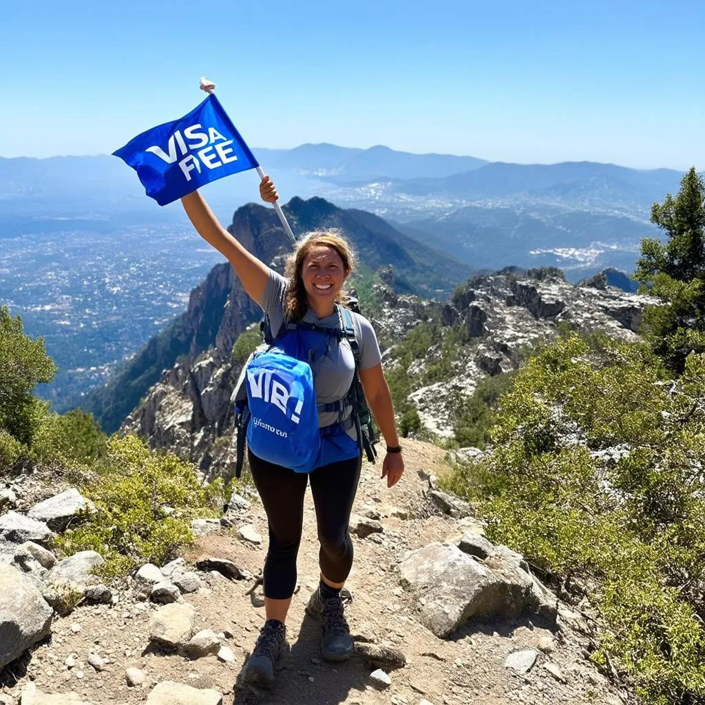 Woman Hiking on Mountain with &quot;Visa Free&quot; Flag