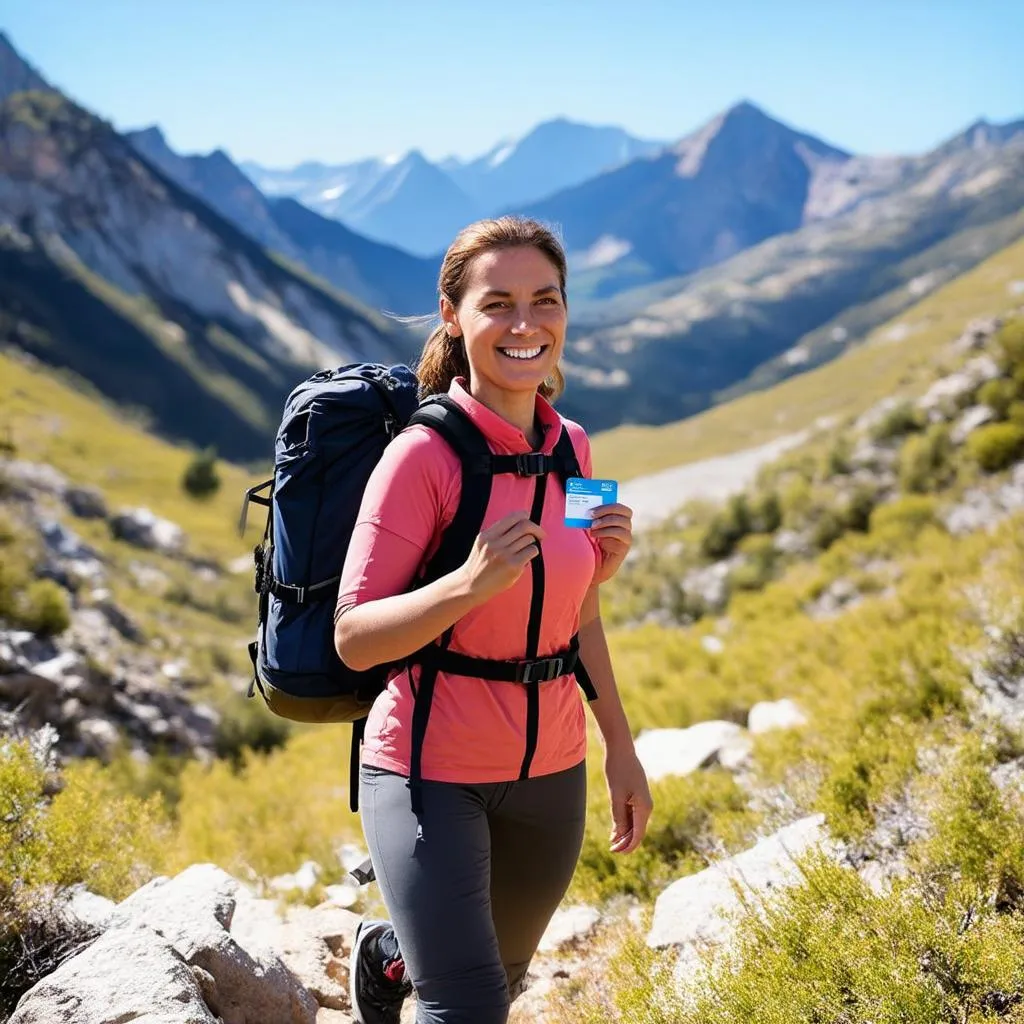 Woman hiking in the mountains with insurance card in hand.