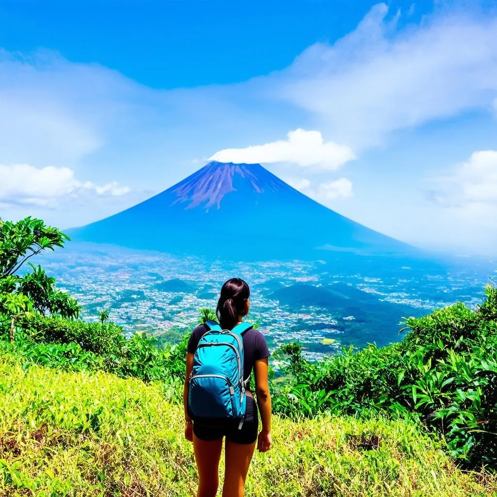 Woman hiking with a view of Volcano Atitlan in Guatemala