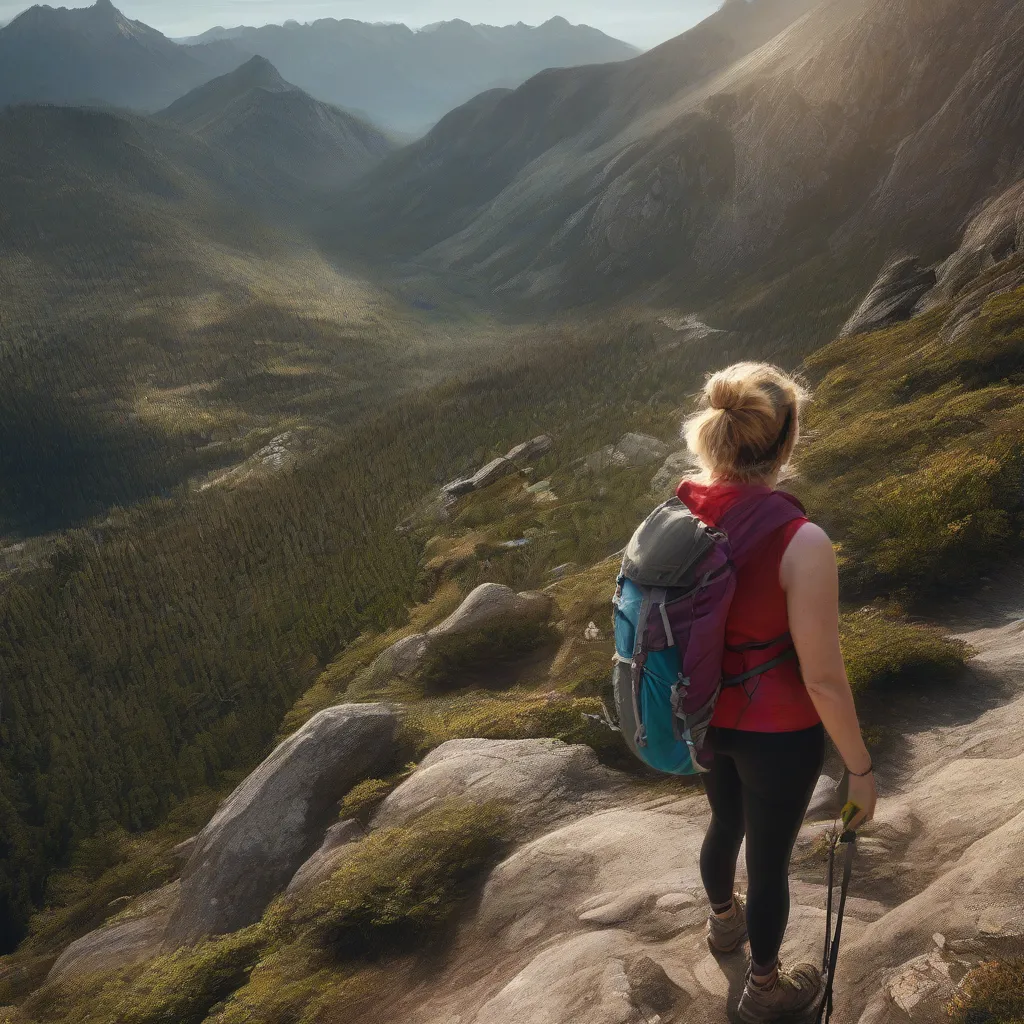 Woman hiking in the mountains with an Aladdin travel mug