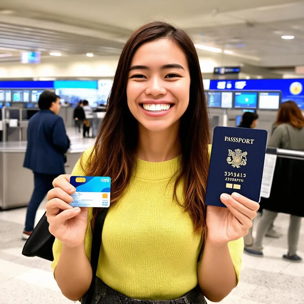 Woman Holding Passport and Credit Card