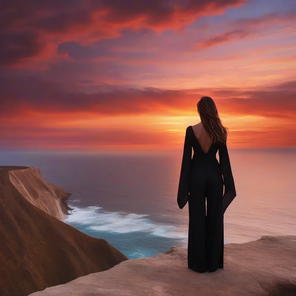 traveler in a black jumpsuit enjoying a scenic sunset over the ocean