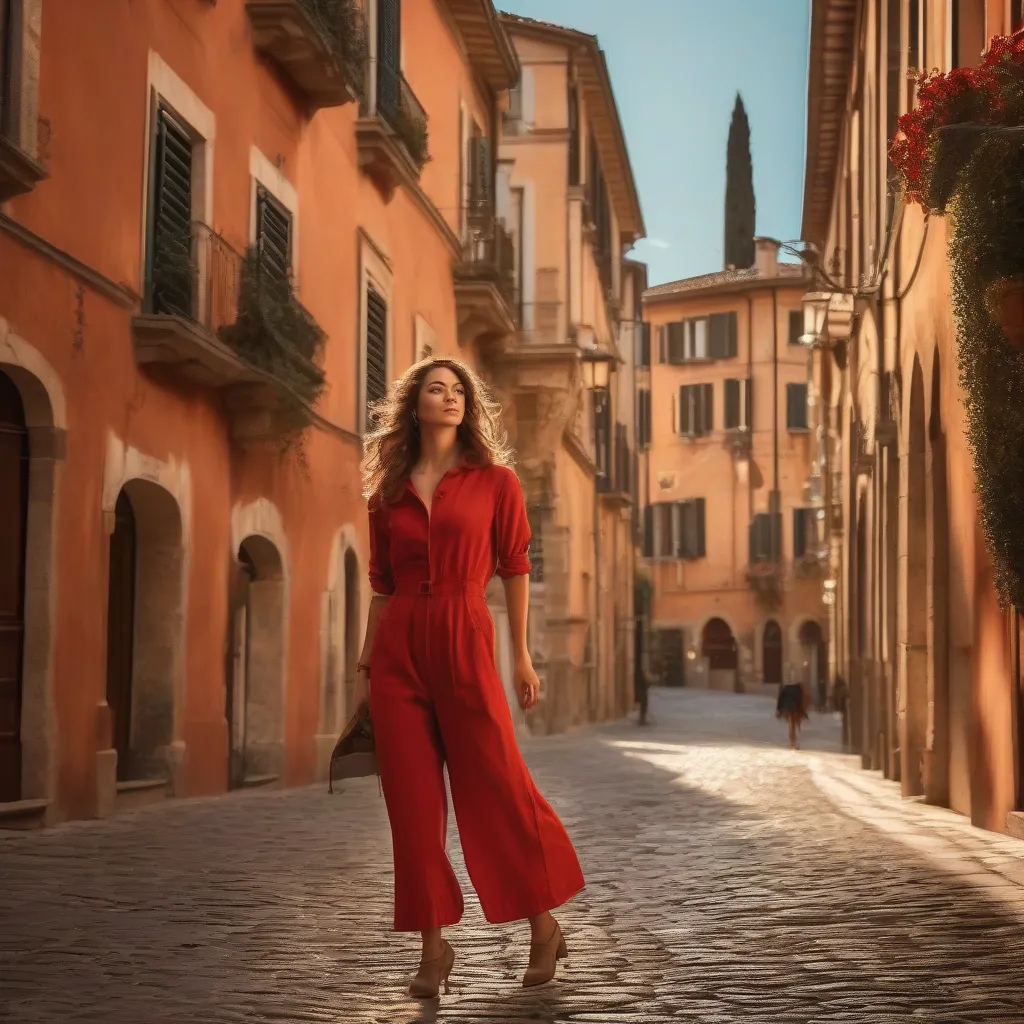 stylish traveler exploring italy in a red jumpsuit