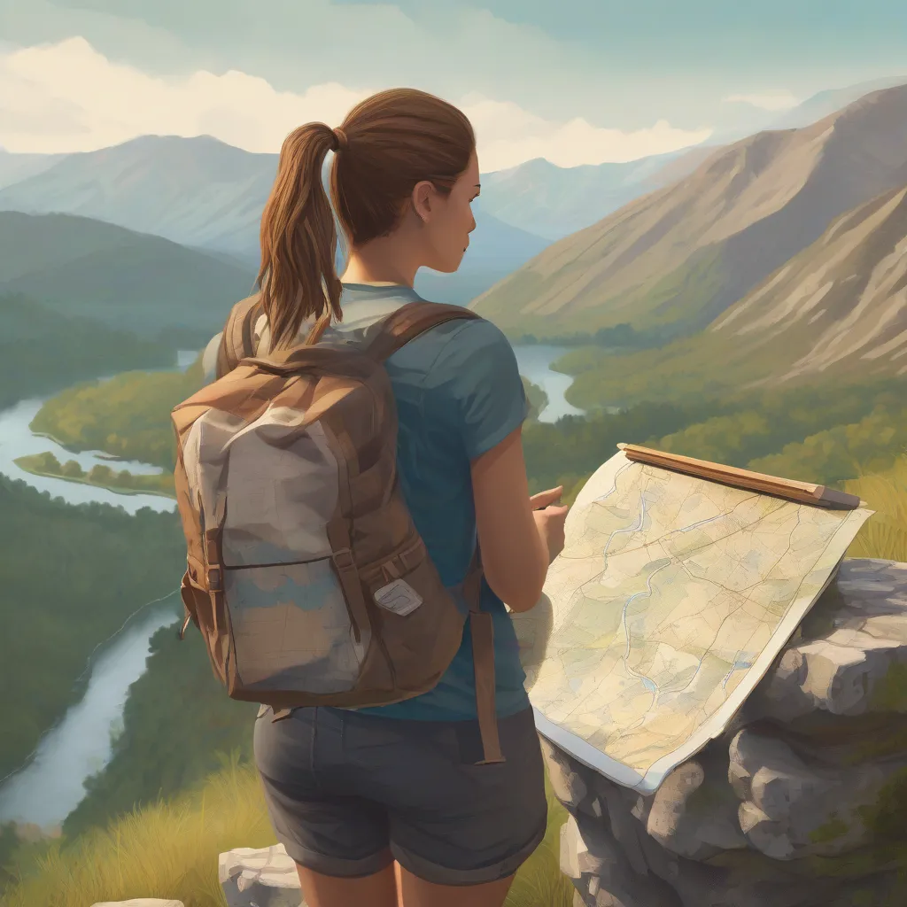 A woman studies a map while standing at a scenic overlook