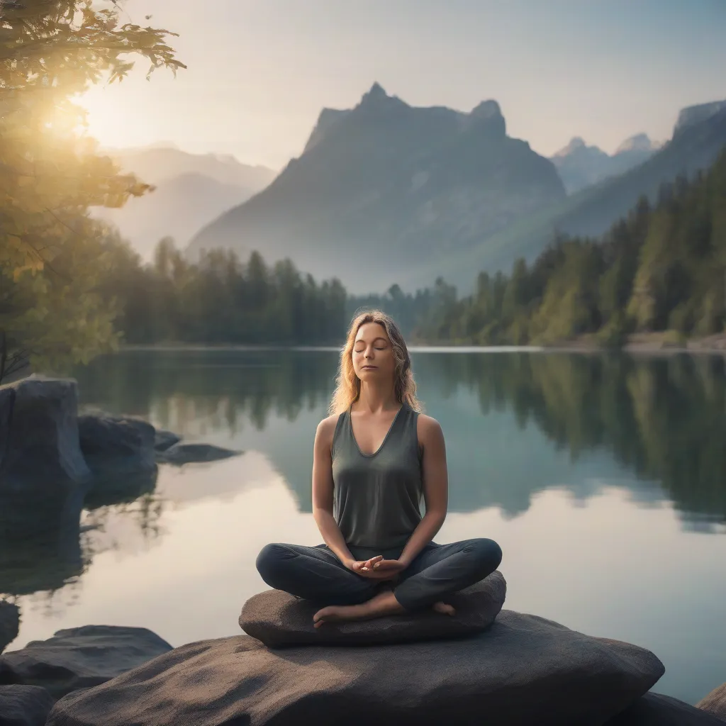 Woman meditating by a serene lake