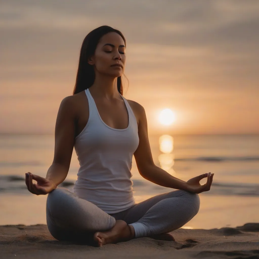 Woman meditating on the beach