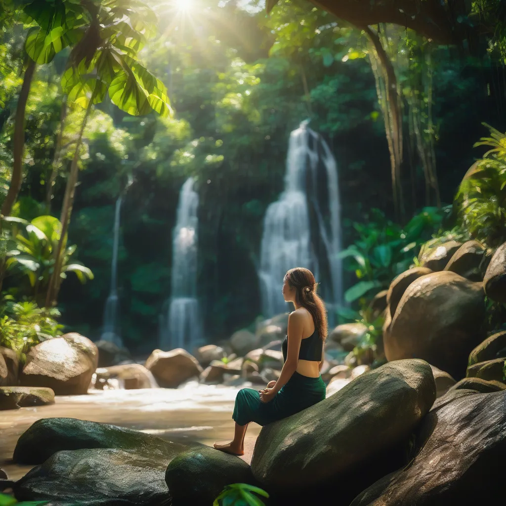 Solo female traveller meditates by a waterfall in Thailand