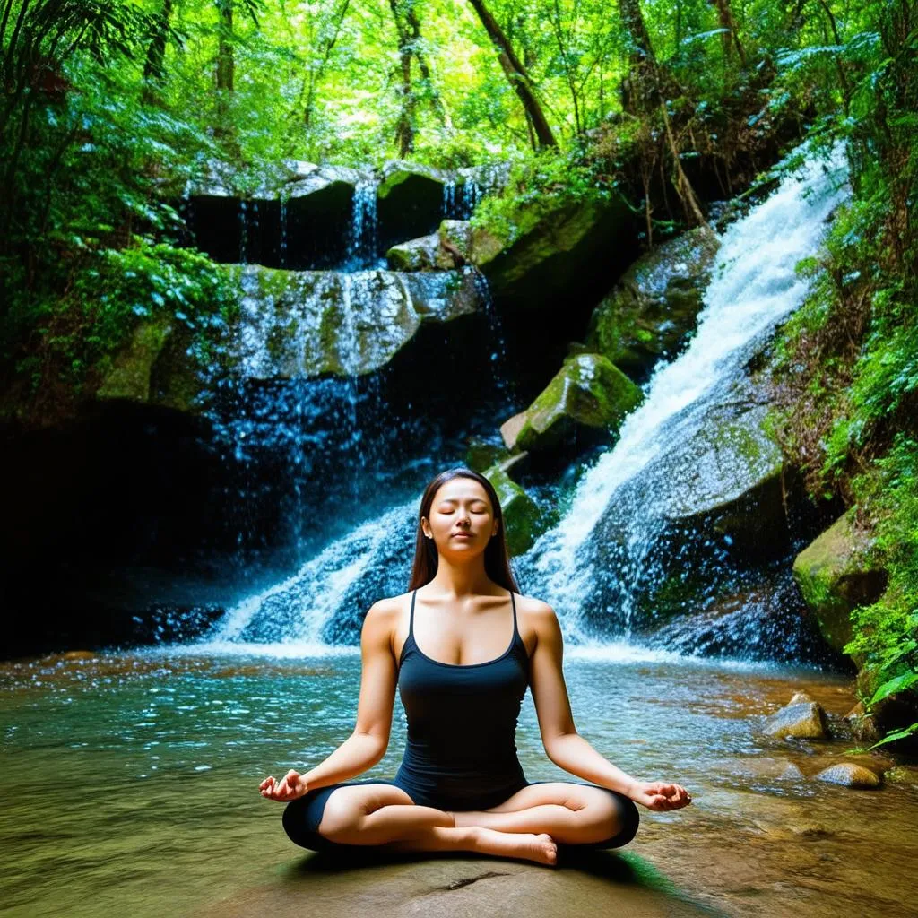 Woman meditating by a waterfall