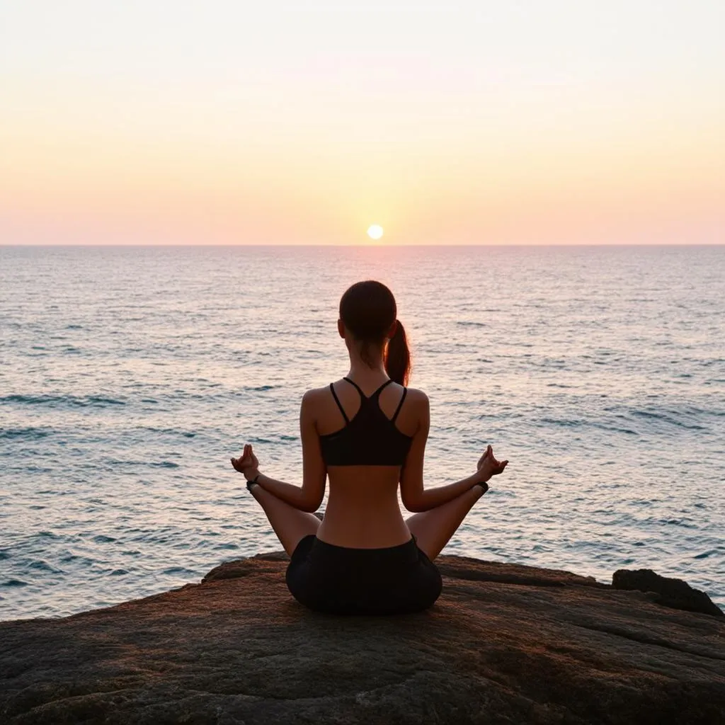 Woman Meditating Facing The Ocean At Sunset