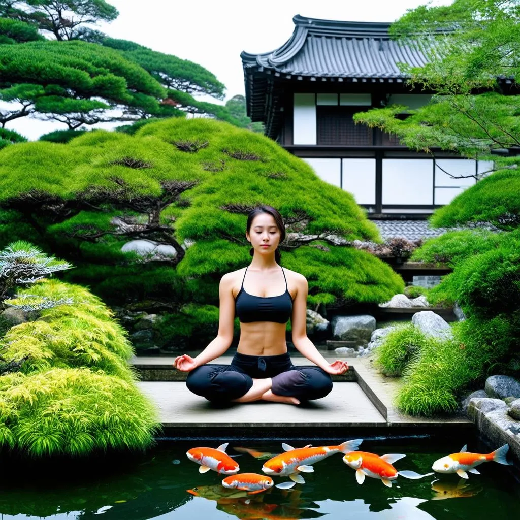 Woman Meditating in a Japanese Garden