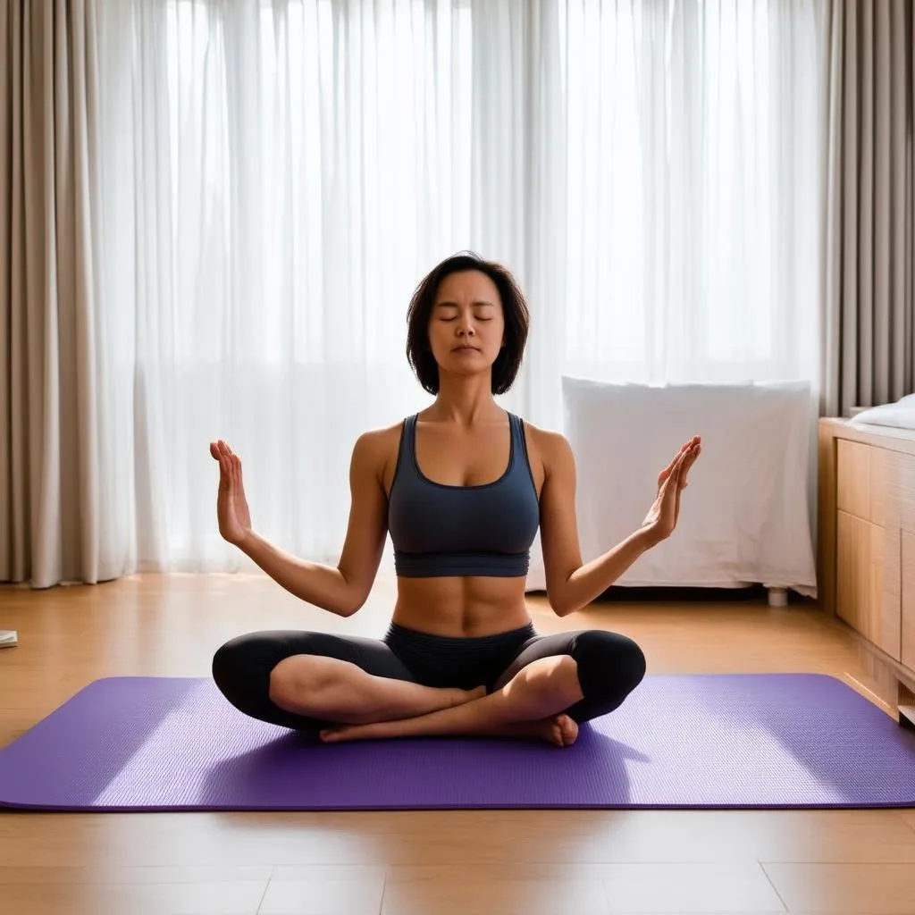 Woman Meditating in a Hotel Room