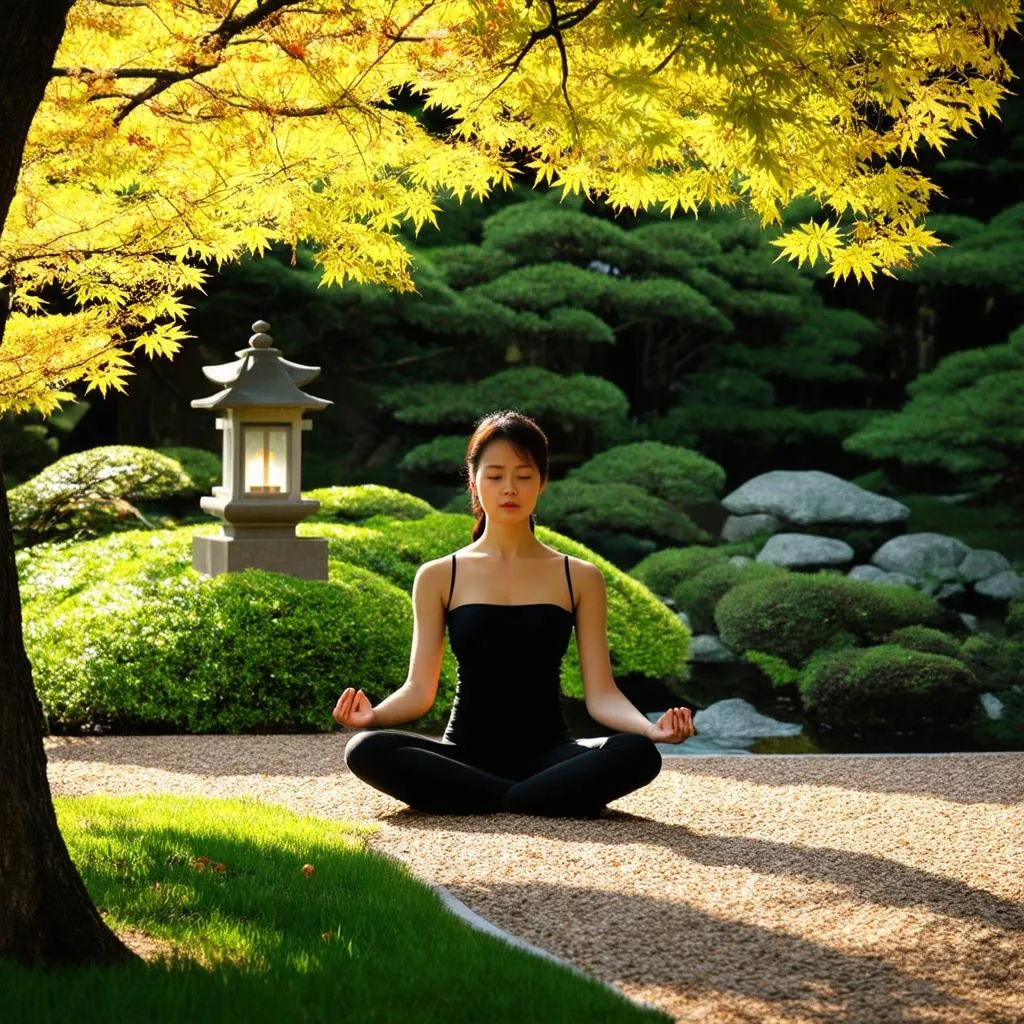 Woman Meditating in Japanese Garden