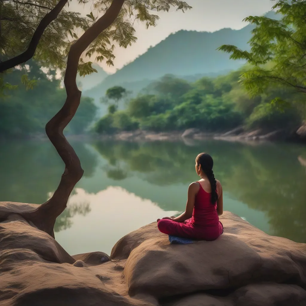 A woman meditating in a serene location in India