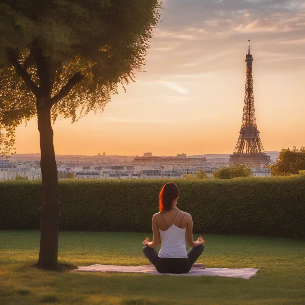 Woman Meditating Near Eiffel Tower