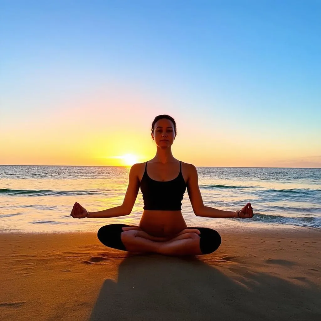 Woman meditating on a beach at sunset