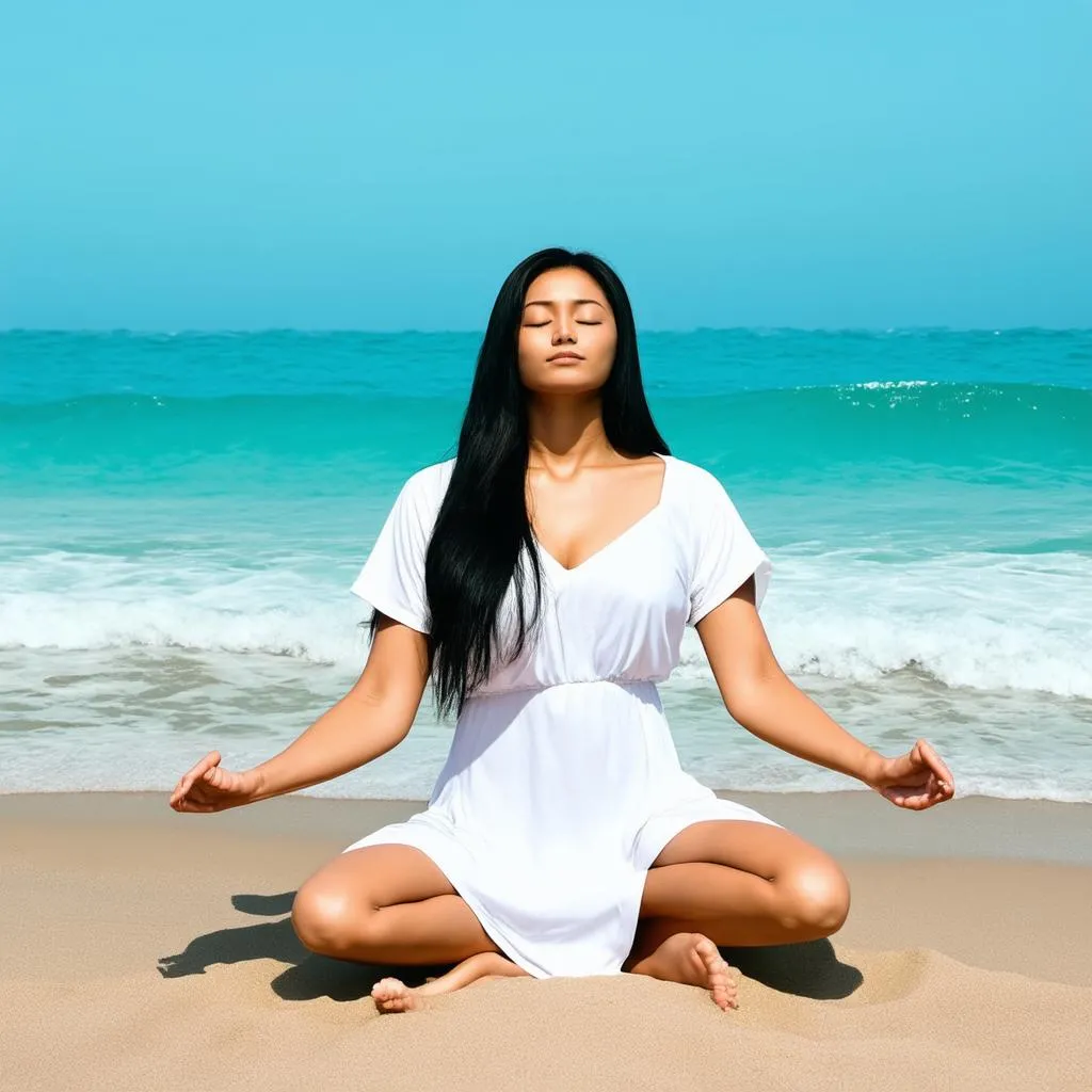 Woman Meditating on Beach