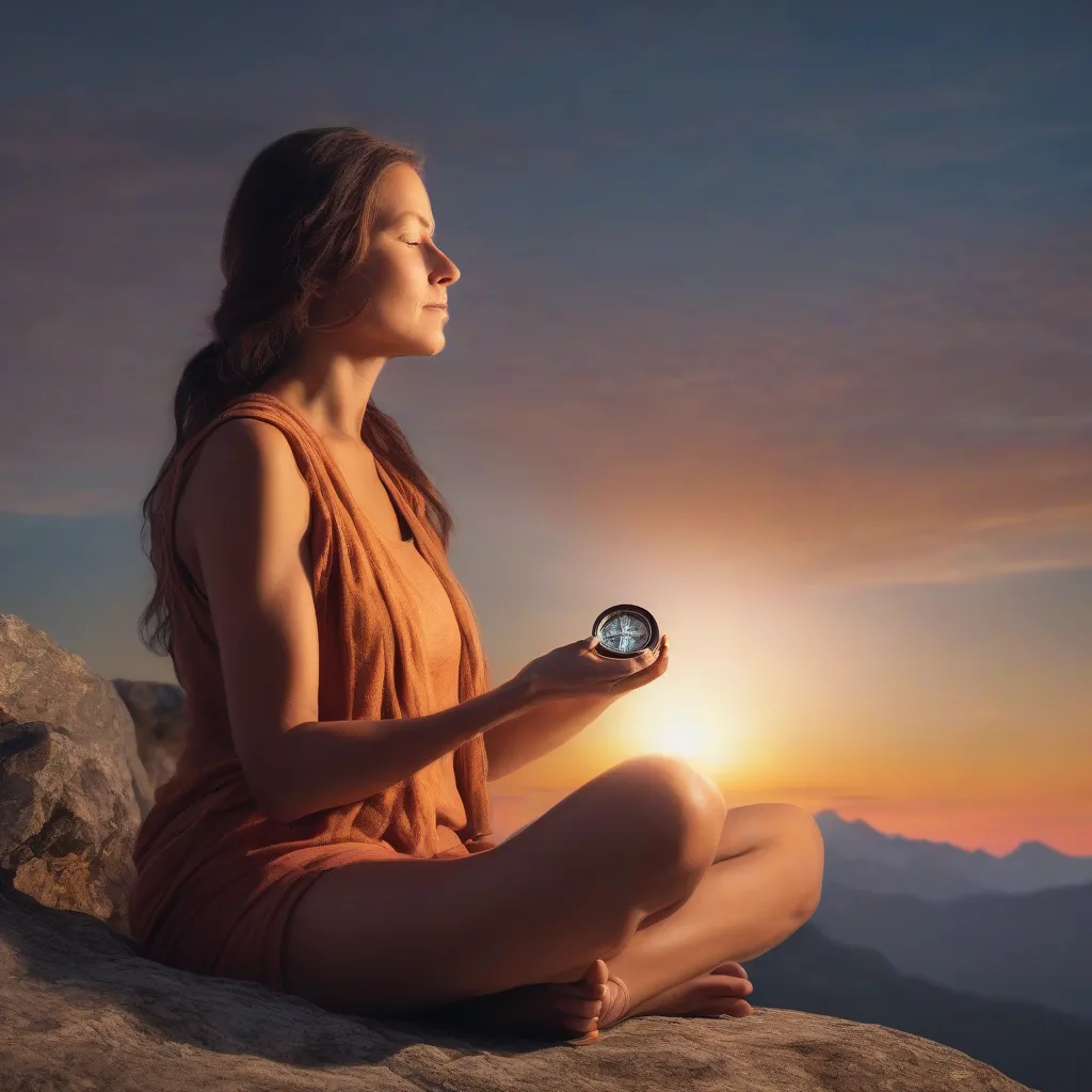 Woman Meditating with Compass on Mountain Top