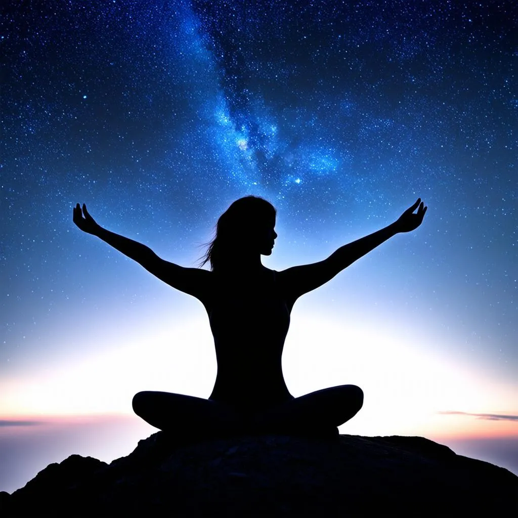 Woman Meditating on Mountaintop Overlooking Starry Sky