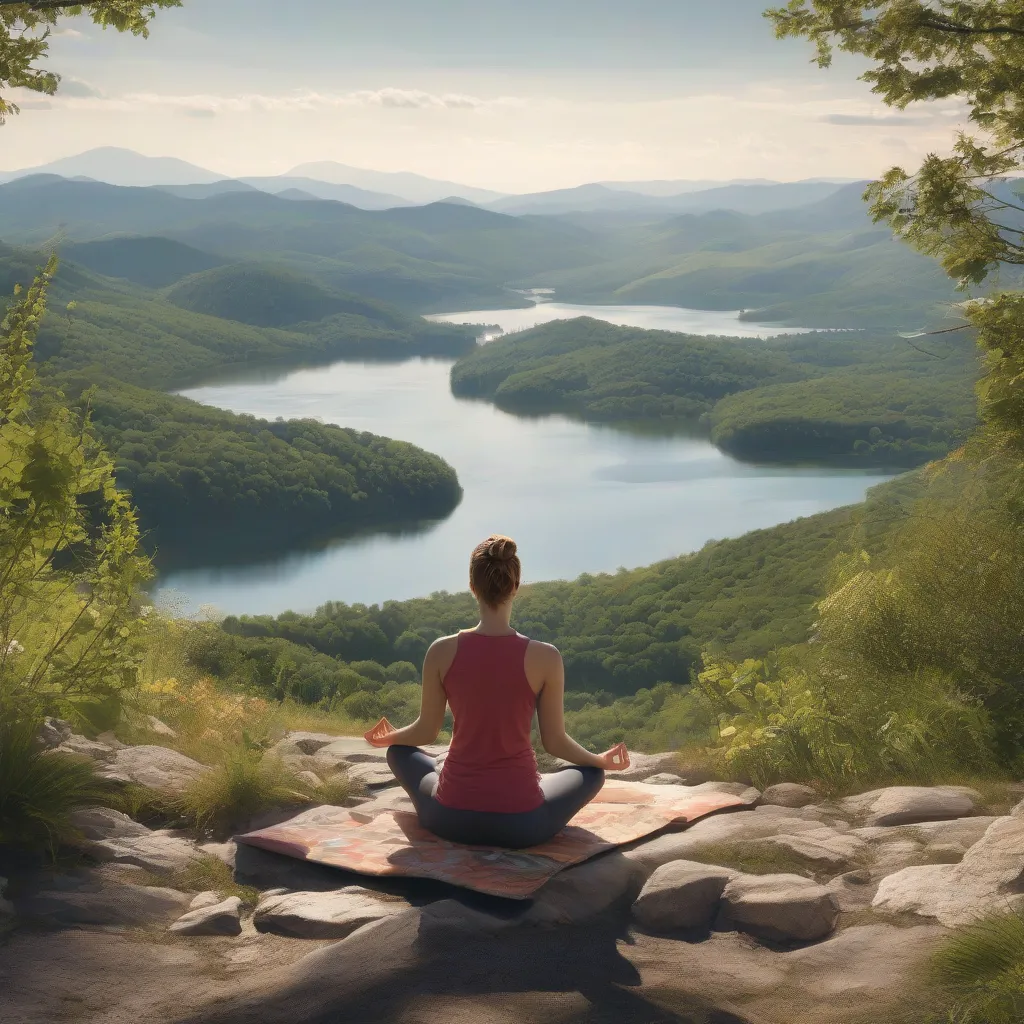 Woman Meditating on Mountaintop with View