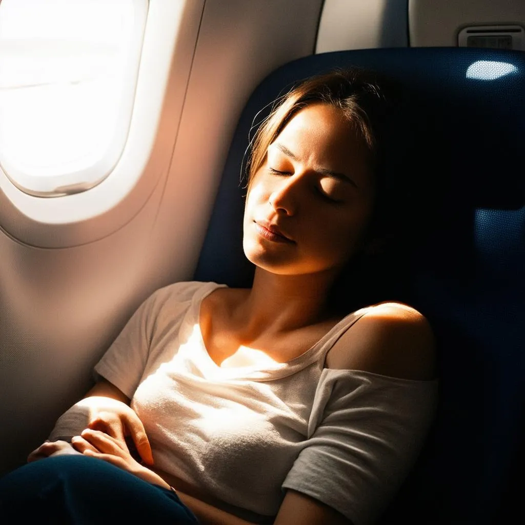 Peaceful Woman Meditating on Airplane