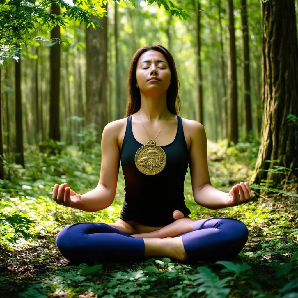 Woman Meditating with a Travel Medallion in Nature