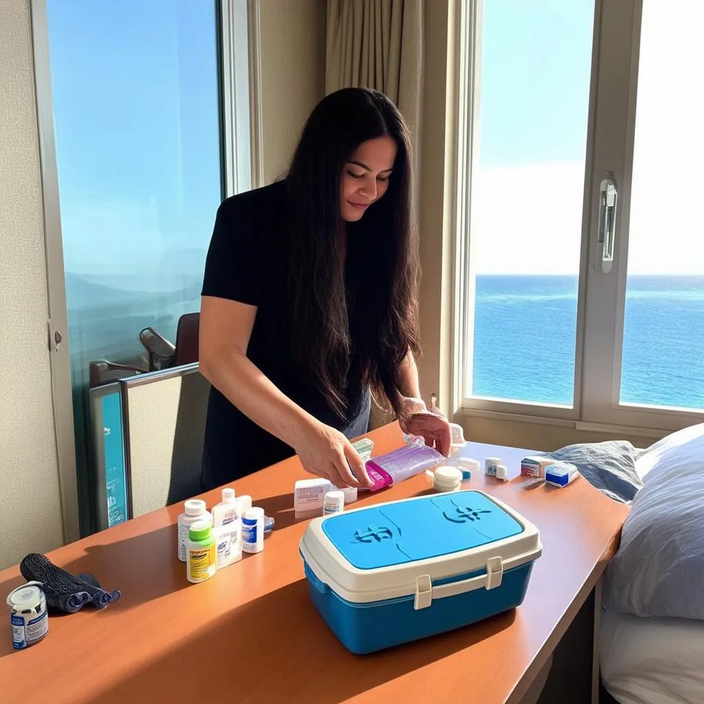 Woman Organizing Medication in Hotel Room