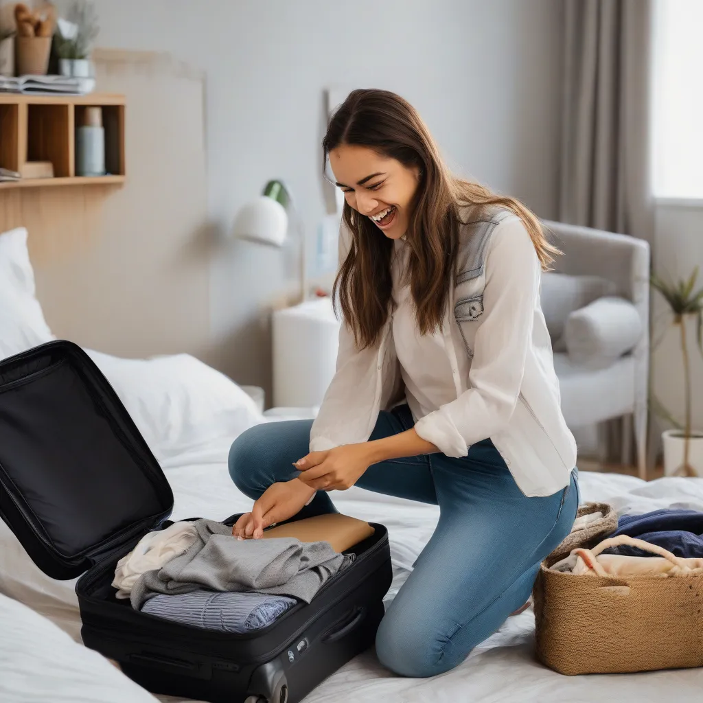 A woman preparing for her trip by packing her suitcase