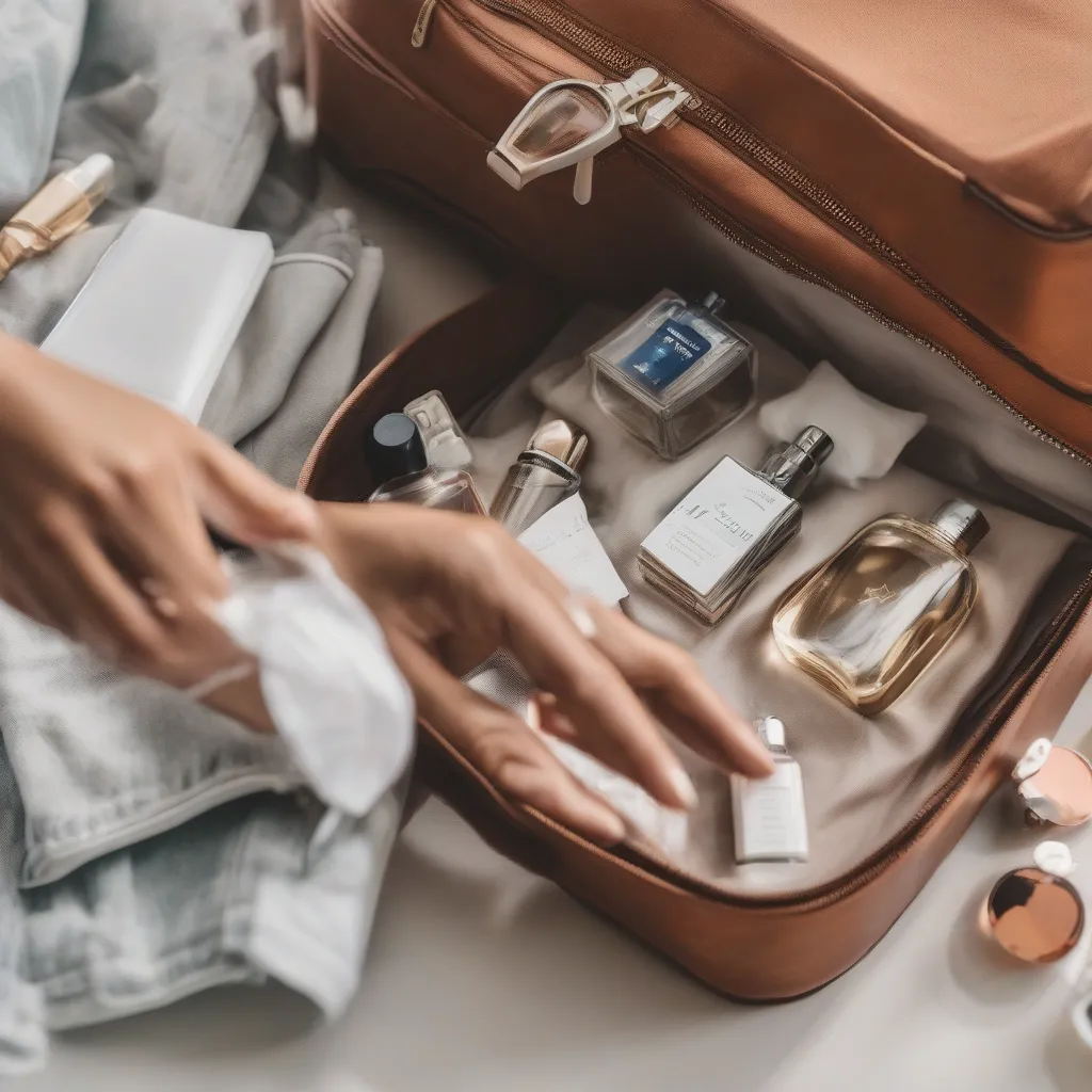 A woman packing a sleek, refillable travel perfume bottle in her suitcase, surrounded by other travel essentials.  