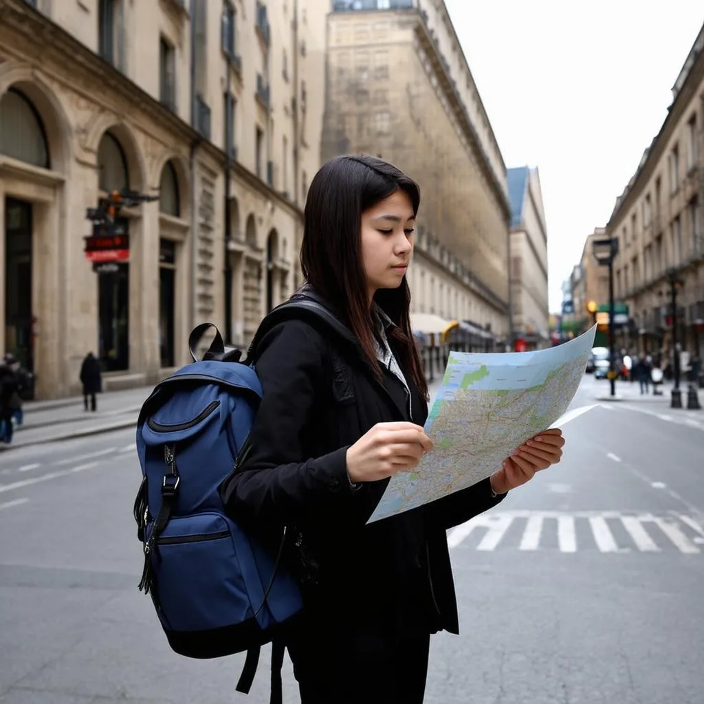 Woman Reading Map in Foreign City