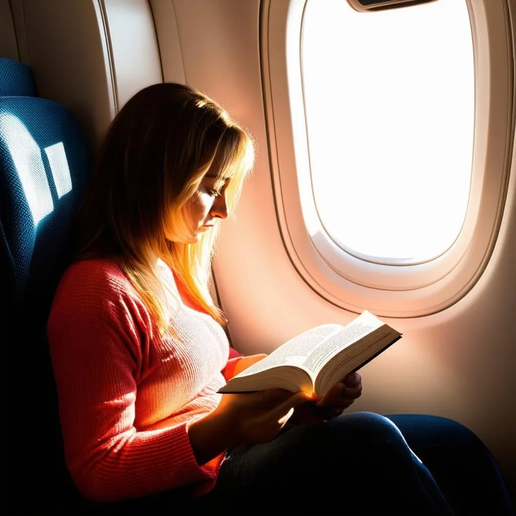 Woman engrossed in a book during a flight