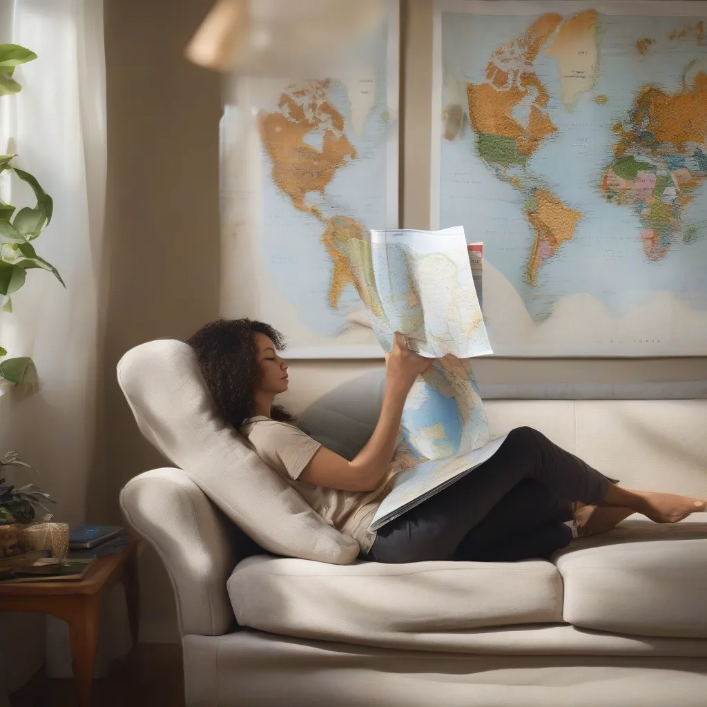 Woman Relaxing on Sofa with Travel Brochure