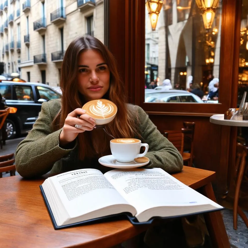 Woman Planning Trip in Cafe