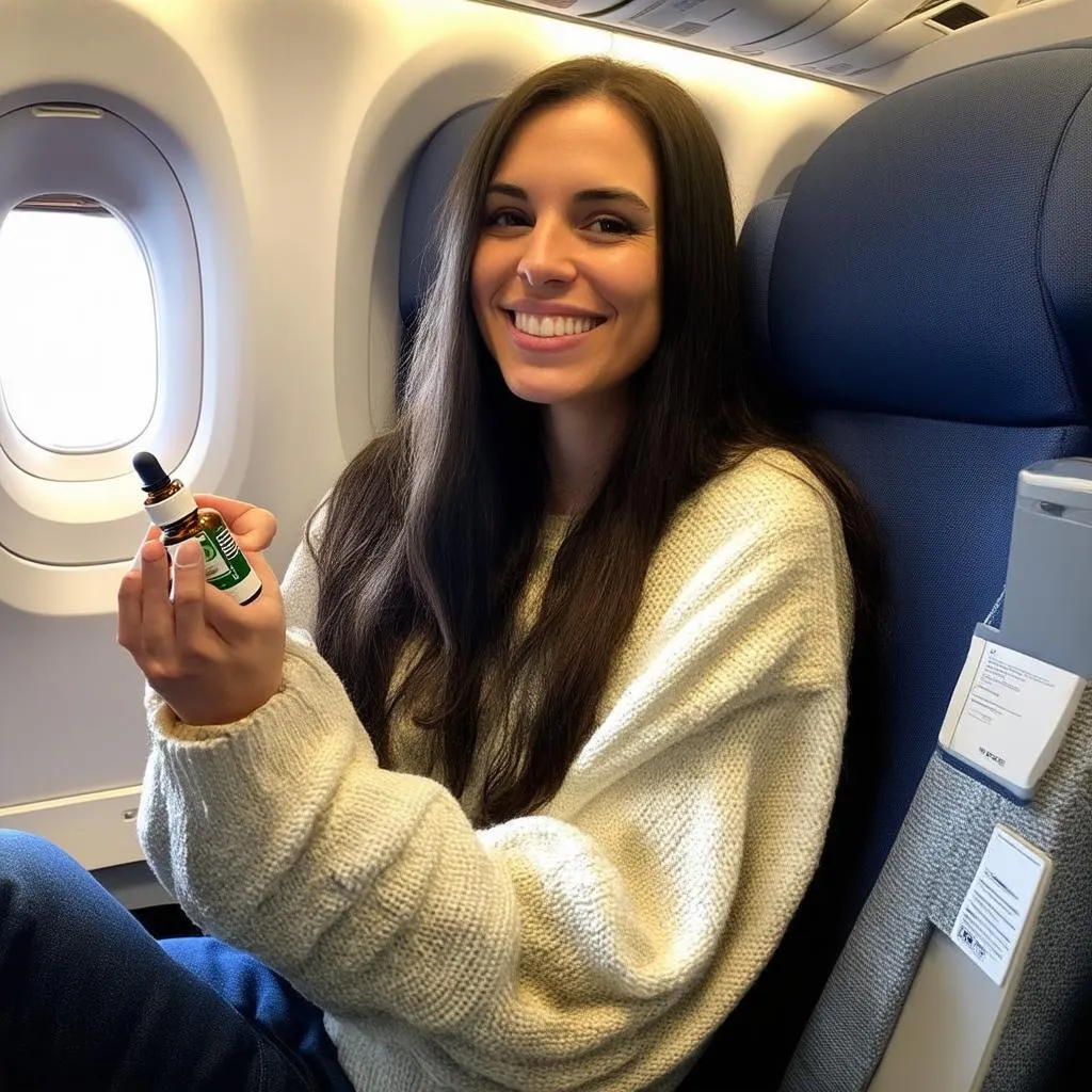 Woman Relaxing with CBD Oil on Airplane