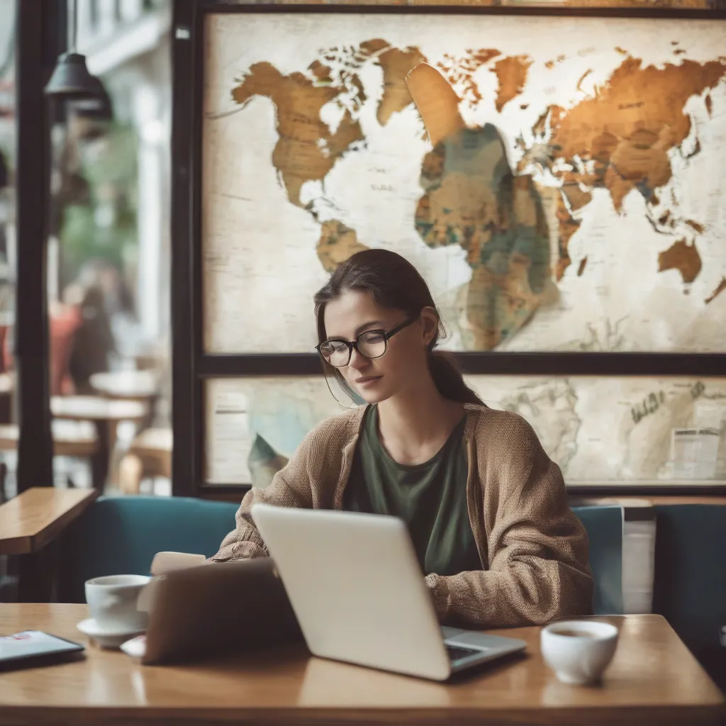 Woman researching travel insurance at a cafe