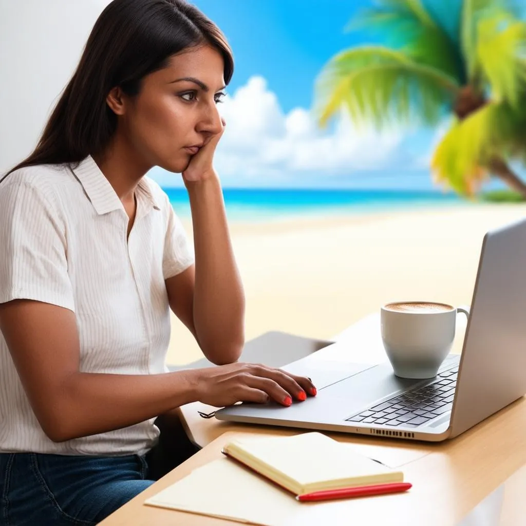 Woman Researching Travel Insurance on Laptop