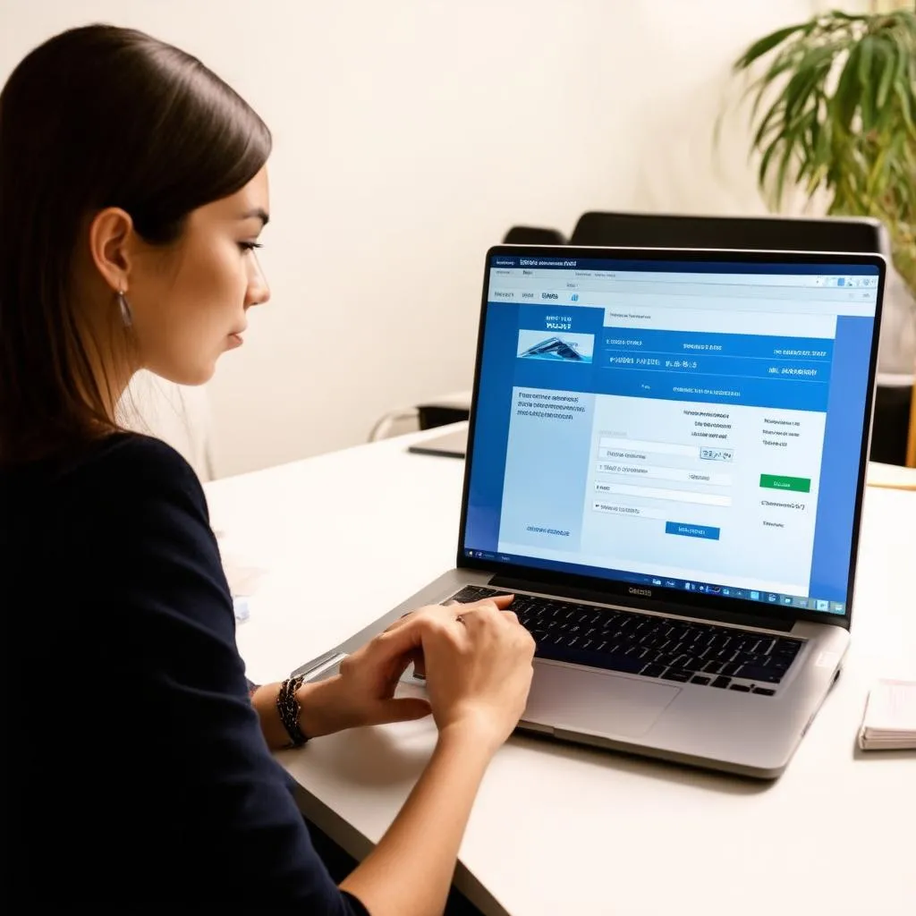 Woman Researching Travel Requirements on Laptop