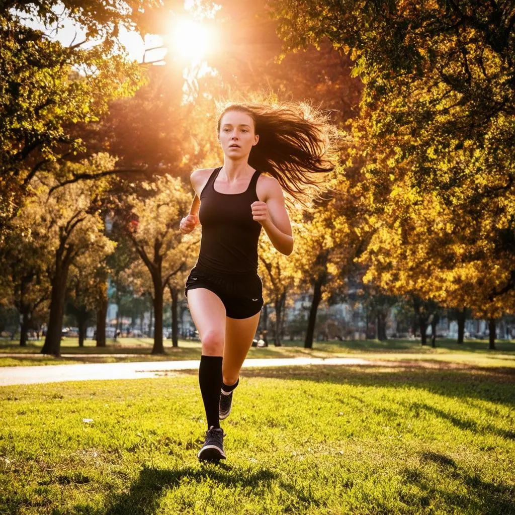 Woman Running Through City Park