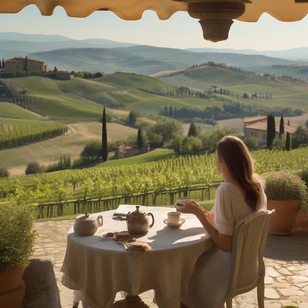 Woman Sipping Coffee on Tuscan Hillside