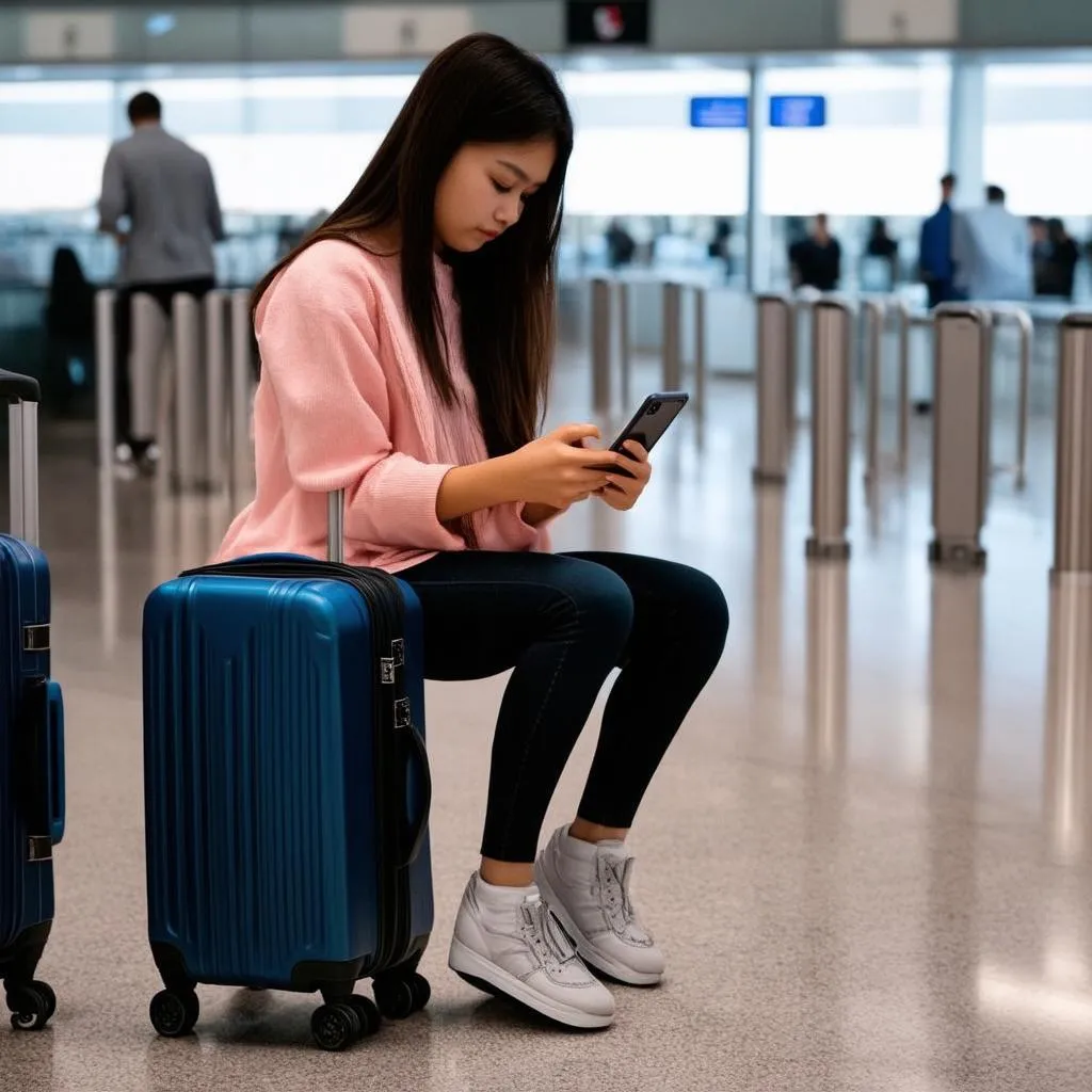 Concerned Woman with Phone and Luggage