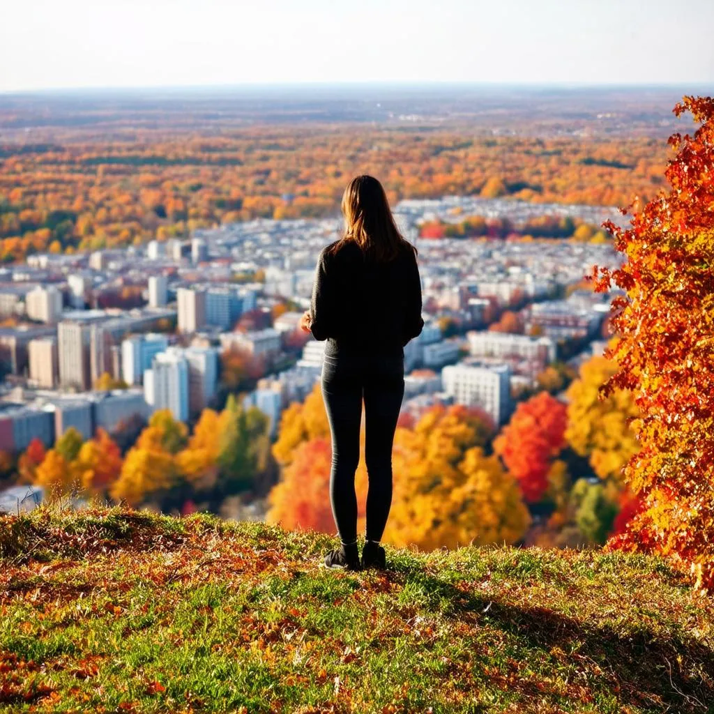 Woman Overlooking City in Autumn