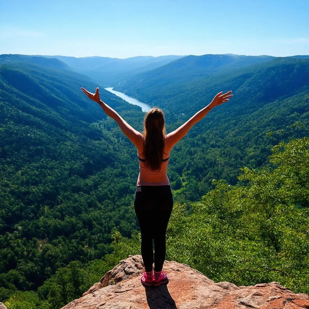 A woman standing on a mountain top overlooking a valley